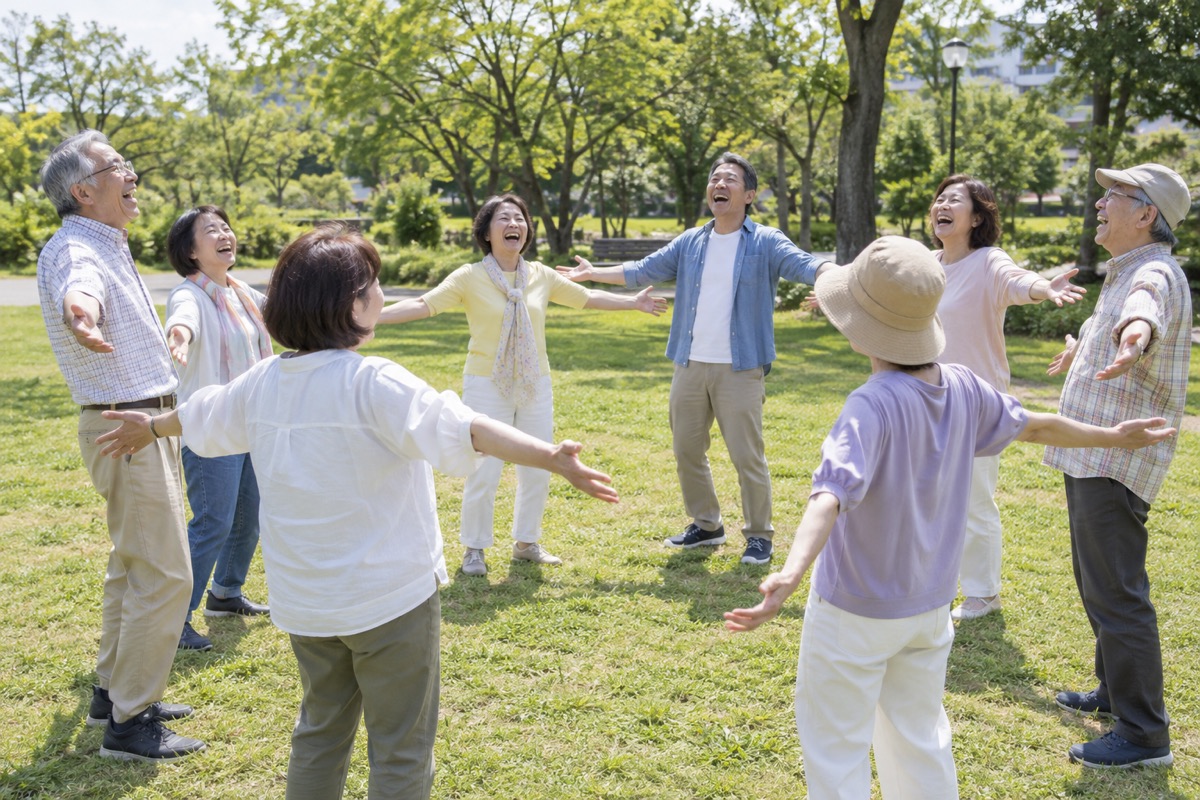 公園で輪になって大笑いする人たち（AIで作ったイメージ）